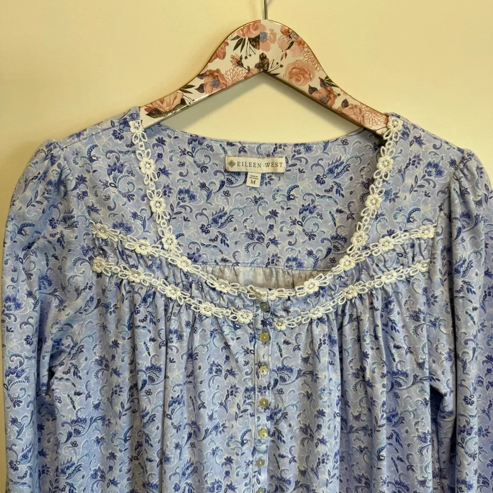 EILEEN WEST Blue Floral Long Sleeve Nightgown Sleep M Medium